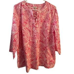 Talbots‎ Women's Pink White Tropical Leaf Print Lace Up Tunic Top Large Petite